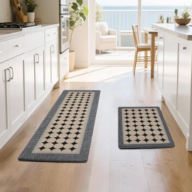 Aoluguya 2-Piece Kitchen Floor Rugs - Non Slip Machine Washable Mats 20”x31.5” & 20”x59 Made of Soft Absorbent Polyester, Gray & Beige - Geometric Design for Sink Counter Laundry Hallway