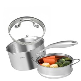 KANGXW 2.0 Quart Stainless Steel Saucepan With steamer,With Pour Spout and Filter Glass Lid Milk Pan, Sauce, Gravy, Pasta Stock Pot For All Stovetops