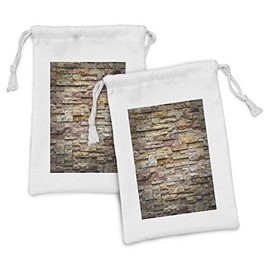 Ambesonne Marble Print Fabric Pouch Set of 2, Urban Brick Slate Stone Wall Rocks Featured Facade Architecture Town Picture, Small Drawstring Bag for Toiletries Masks and Favors, 9" x 6", Multicolor