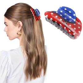 4th of July Hair Accessories for Women Girls, Hapdoo American Flag Claw Clips Blue Red White Stars, Independence Patriotic Hair Clip Western Cowboy Hat Shaped