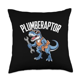 Plumber Dinosaur T-Rex Pipe Wrench Dino Funny Plumbing Throw Pillow