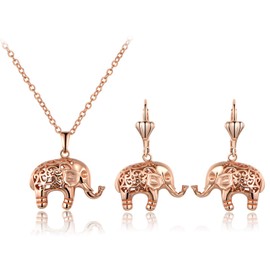 Barzel 18K Rose Gold Plated Filigree Cutout Drop Elephant Earrings and Necklace Jewelry Set (Rose Gold)