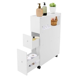 BENTFL Narrow Floor Bathroom Storage Cabinet, Free Standing Toilet Paper Holder Stand with Drawers and Wheels, Bathroom Organizer for Small Spaces, White, PVC