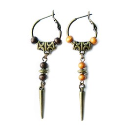 Bronze and Wood Spike Earring for Men - Single Pirate Style Hoop Earrings - Dangle Punk Men's Earring Single - Father's Day Gift