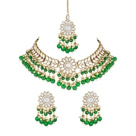 I Jewels Womens Gold Plated Indian Wedding Bollywood Kundan & Pearl Choker Necklace Earring & Maang Tikka Ethnic Jewellery Set Gift (K7232G) Green
