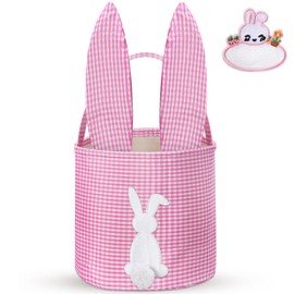 Clysee Easter Baskets Bunny Basket with Name Tag, Rabbit Ear Easter Stuffer Basket, Classic Gingham Easter Gift Storage, Gifts Buckets for Easter Egg Hunts Party Decoration Supplies(Pink)