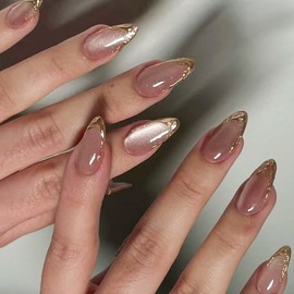Gold French Tip Press on Nails Almond Medium Fake Nails Pink Cat Eye Acrylic Nails Shiny Glitter False Nails with Designs Glossy Glue on Nails for Women Girls Nails Decoration Manicure 24Pcs