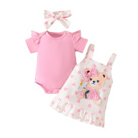 UUAISSO Baby Outfits for Girls with Heart Print Short Sleeve Romper Braces Skirt Bear Dress Bow Headband 0-18 Months, Pink Bear, 3-6 months