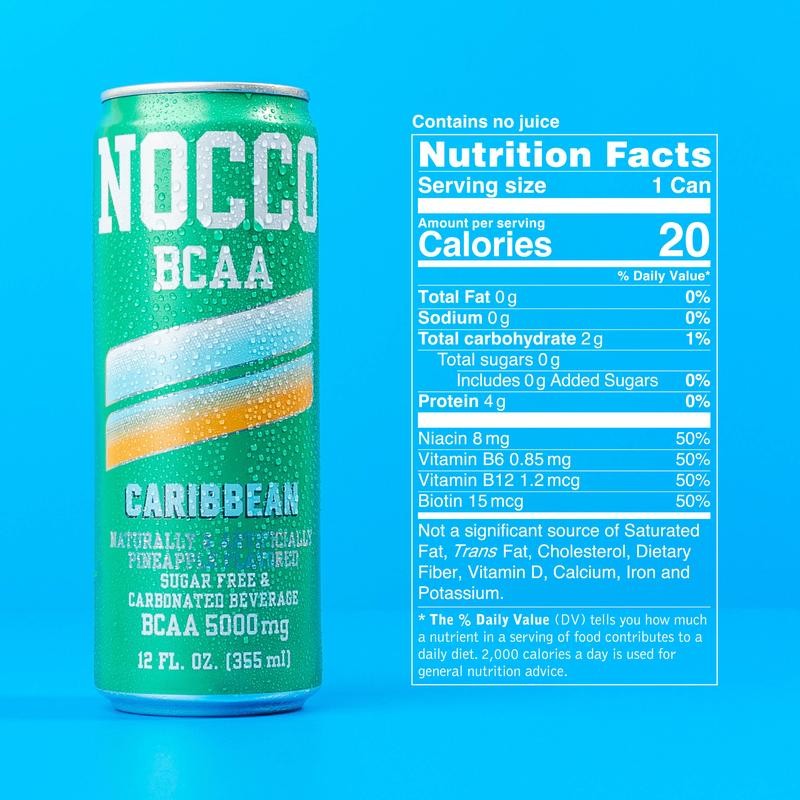 NOCCO Zero Sugar BCAA Drink, Caribbean- 12 Fl Oz (Pack