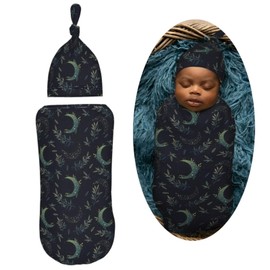 Muishi Space with Leaves Newborn Swaddle Blankets Hat Sets Soft Baby Receiving Blanket Swaddle Sack for Baby Shower Infant Boy Girl Gift