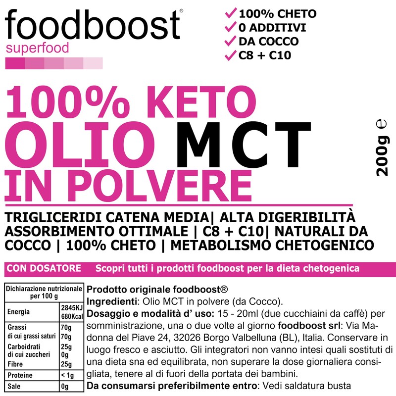 foodboost Olio MCT 200g in polvere - per dieta Chetogenica