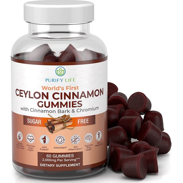 Sugar-Free Ceylon Cinnamon Gummies (60 Chews – 2,000mg/Serving) Lower Blood Sugar Support, Joint Pain & Brain Health Ceylon Cinnamon Supplement, Vegan, Gluten Free, Replace Capsules Powder Extract