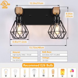 FadimiKoo 2-Light Rustic Style Wood Bathroom Wall Sconce, Farmhouse Vanity Lighting Fixture fopr Bathroom, Industrial Wood Wall Light Over Mirror with Metal Shade, Bulbs Not Included