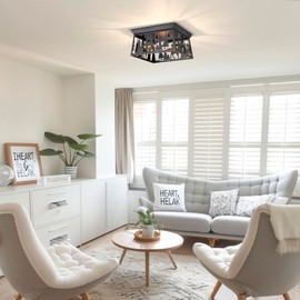 Sunnyin Rustic Flush Mount Ceiling Light,Farmhouse Deer Close to Ceiling Light Fixtures,2-Light Square Metal Black Chandelier for Kitchen,Hallway,Entryway,Bathroom,Bedroom,Living Room,Dining Room