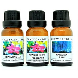 Crazy Candles 3 Bottles Set, 1 Hawaiian Lei, 1 Hawaiian Island Fragrance, 1 Hawaiian Rain 1/2 Fl Oz Each (15ml) Premium Grade Scented Fragrance Oils