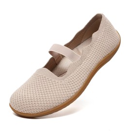 DEXJEWU Women's Wide Toe Box Flats Knit Mary Jane Ballet Flats Wide Width Walking Dressy Shoes with Arch Support Comfortable, 008 Camel, 11 Wide