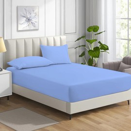 MistyMorning Fitted Sheet, Soft & Premium quality Bedding & Linen, 11''/28cm deep sheet, Egyptian Cotton with 200 Thread Count. (Sky Blue, Single)