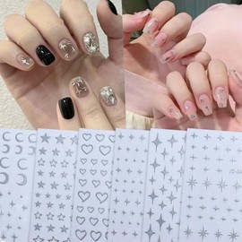 6Sheets Metallic Silver Nail Stickers - 3D Star Nail Art Decals Nail Art Supplies Self-Adhesive Stars Moon Love Heart Silver Nail Art Design French Glitter DIY Nail Charm for Women Manicure Decoration