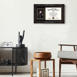 GraduationMall 11x19 Mahogany Diploma and Photo Frame for 8.5x11 Certificate,5x7 Picture,Real Glass,Black over Gold Double Mat