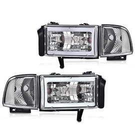 G-PLUS LED Light Bar Headlights w/o Bulbs Compatible with Dodge Ram 1500 1994-2001/Fit Dodge Ram 2500 3500 1994-2002 Clear Lens Chrome Housing Clear Reflector