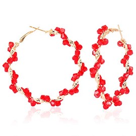 Sparkle Rhinestone Crystal Wrapped Hoop Earrings Glitter Shiny Beads Twist Large Circle Earrings Loop for Women Party Bridal Wedding Statement Jewelry-round red