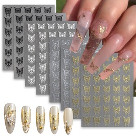 Butterfly Nail Stickers 3D Self-Adhesive Hollow Butterfly Nail Decals Holographic Glitter Gold Silver Black White Butterflies Design Nail Art Supplies for Women Nails Manicure Decorations 8Sheets