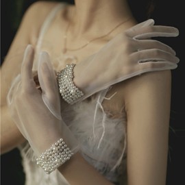 SUNTRADE Bridal Short Gloves, Wrist Full Finger Gloves for Wedding Opera Dinner Party Dance, Yarn surface