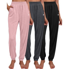 Ficerd 3 Pack Women Sweatpants Trendy Loose Fit Joggers Elastic Sporty Pants Athletic Baggy Lounge Trousers with Pockets (Black, Dark Gray, Pink,L)