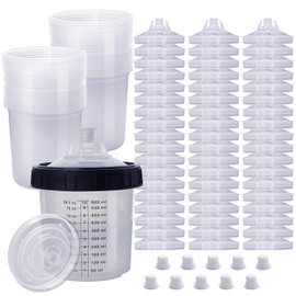 Disposable Paint Spray Gun Cup,HVLP Paint Spray Paint Gun 20 Ounce (600ml) Kit with 55 Cups and Lids System, 1 Hard Cup with Retainer Ring and 10 Plugs