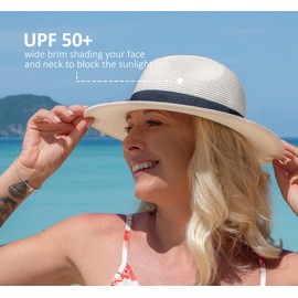 Joywant Abby Straw Sun Hat for Women with UV Protection Wide Brim Wind Lanyard,Travel Foldable Summer Beach Hat Panama Fedora (Medium, Ivory)