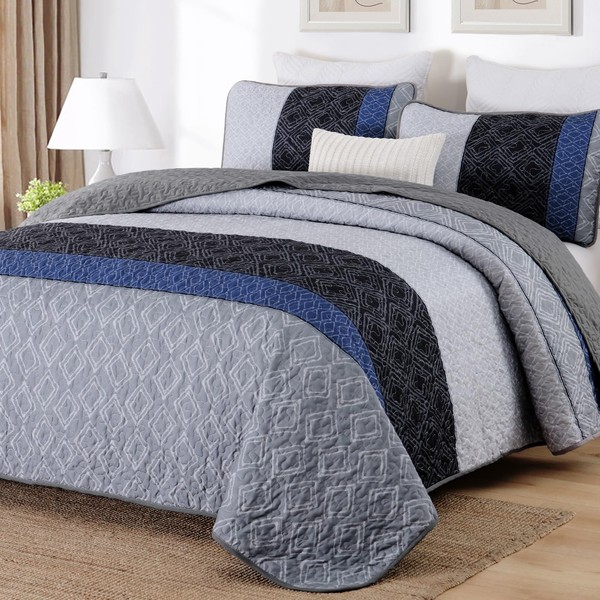 Cottolester King Quilt Set 3 Pieces,Gray and Blue Striped Quilt