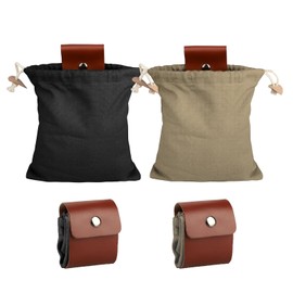Pack of 2 Bushcraft Equipment for Foraging, Mushroom Basket, Feeding Bag for Hiking, Foldable Leather Belt Bag, Foraging Drawstring and Buckle, Mushroom Foraging Belt Bag, Black and khaki, Hip pockets