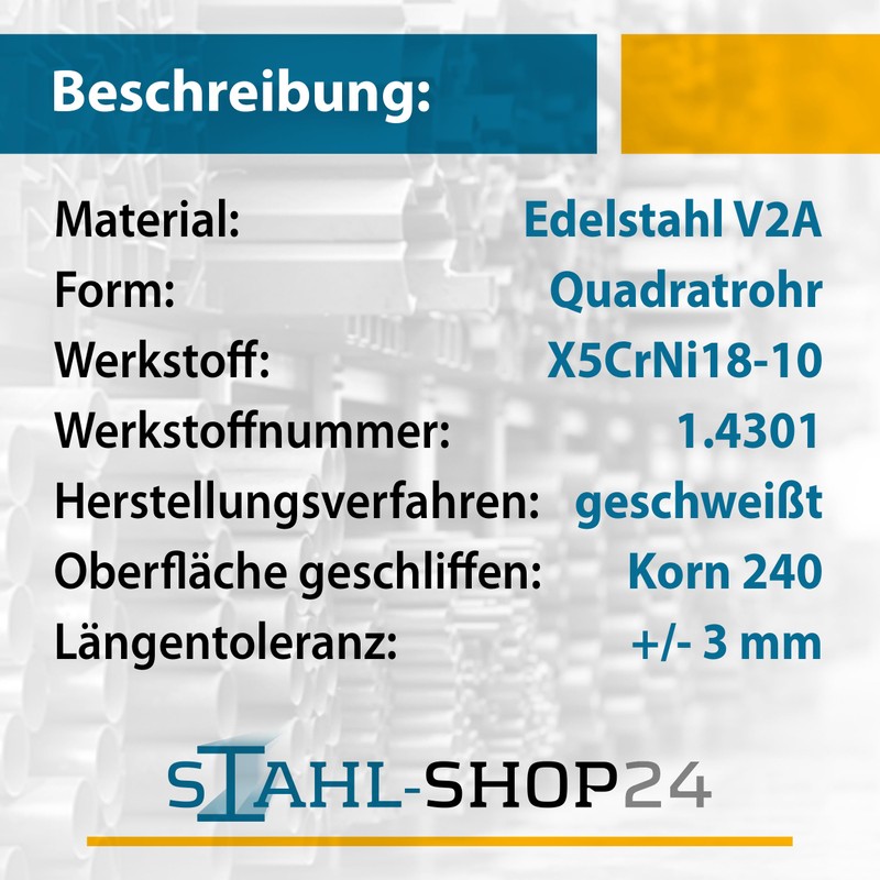 Stahl-Shop24 - Stainless Steel Square Tube, 1.4301, V2A Hollow Profile,