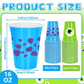 FYSUIMU 30 Pcs Cartoon Monster Party Plastic Cup 16 Oz Disposable Drinking Cup Blue Green Beverage Tumbler Glasses for Monster Theme Party Coffee Juice Drink Supplies