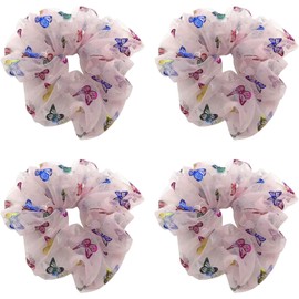 4 Pack Glitter Dance Butterfly Bun Net Tuck Organza Hair Scrunchies for Girl Rich Tones Bun Covers Mesh String Bobbles Elastic Headdress Ties Ponytail Bun Holders Hair Donut Hair Accessories for Performance,Dance,Cheer,Birthday,Themed Party Festivals (Pi