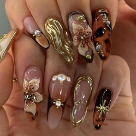 CharmeFleur 3D Handmade Sticker Brown Almond Nails with Stereo Flower Cross Designs, Medium Length, French Glue Nails, Shiny False Nails, Pack of 24