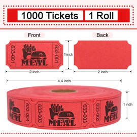 ESSENTIAL 1000 Raffle Tickets Rolls, Meal Tickets Single Roll for Events, Leisure, Movie Watching, Entertainment, Class Reward & Prizes - 5 Color Selection (Red)