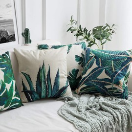 ISIYINER Cushion Cover Cotton Linen Cushion Cover Tropical Plants Leaves Decorative Set Case Sofa Car Cushion Covers Home Bed Decor 45 x 45 cm Set of 4