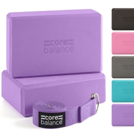 Core Balance Yoga Blocks Set Of 2 High Density EVA Foam with Adjustable Metal D Ring Cotton Strap (Purple)