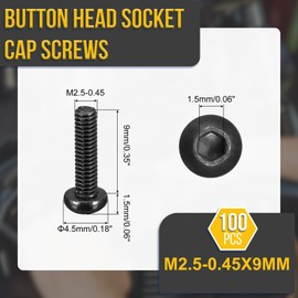 DTGN M2.5-0.45x9mm Button Head Socket Cap Screws - 100Pack - Good for Road Bicycle, Mountain Bike, Auto, Motorcycle - Carbon Steel Black Oxide - Hex Drive Fasteners