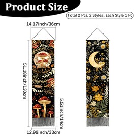 PRESSINART 2 Pcs 2 Styles Long Plant Tapestry Vertical Moon Tapestry Plants Flower Mushroom Bohemian Aesthetic Art Black Tassels Wall Hanging for Bedroom Living Room Office Studios Home Decoration