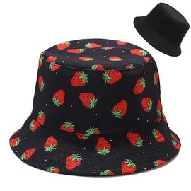 Malaxlx Strawberry Print Black Bucket Hat for Women, Summer Travel Beach Outdoor Sun Hat Reversible Double-Side-Wear