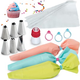Baketivity - Juego de bolsas y puntas pasteles magdalenas y más kit de tuberías de glaseado reutilizables y 30 bolsas de glaseado desechables 6 puntas de tubería 3 lazos de bolsa y 1 acoplador de dúo