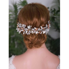 YERTTER Handmade Bridal Hair Vine Leaf Pearl Headbands for Bridal Wedding Party Beads Hair Vine Bridal Hair Accessories for Women and Bride (Silver)