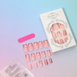 24Pcs French Tip Press on Nails Medium Square Fake Nails with Pink Glitter Design White Flower False Nails Nude Full Cover Artificial Glue on Nails Cute Stick on Nails for Women Girls Manicure Tips