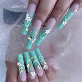 MISUD Press on Nails Long Coffin Fake Nails Matte Glue on Nails Green Ombre Acrylic Nails Ballerina Artificial Nails Flower Butterfly Rhinestone Stick on False Nails with Bling Glitter Design 24 pcs