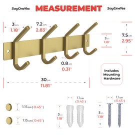 SAYONEYES Brushed Gold Coat Rack Wall Mount with 4 Double Hooks for Hanging – 12 Inch Heavy Duty SUS304 Stainless Steel Rustic Coat Hooks – Hat, Clothes, Purse, Towel Wall Hooks – 1 Pack