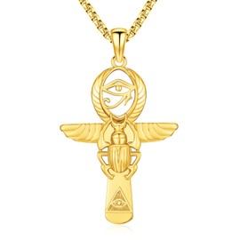 Gold Ankh Necklace for Women Men 925 Sterling Silver Pendant Eye of Horus Eye of Ra All Seeing Eye Pyramid Scarab Spiritual Cross Jewelry Gifts for Her Him Anniversary Birthday Faith 10K 14K 18K 24K