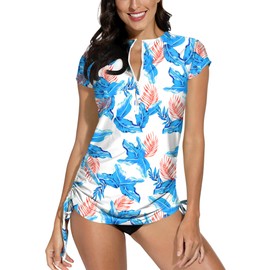 BesserBay Women's Surf Shirt Swimwear Rash Guard UV Shirts with Short Sleeves and 1/4 Zip Surf Shirt Swimming Tankini UPF 50+ Multicoloured XS - XXL, Leaves #1, s