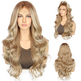 SOMIARIK Blonde Lace Front Synthetic Wigs 13x4 Blonde Highlight Brown with Dark Roots Lace Front Long Wavy Wigs for Women Pre Plucked with Natural Hairline Heat Resistant Hair for Daily Party 26 Inch